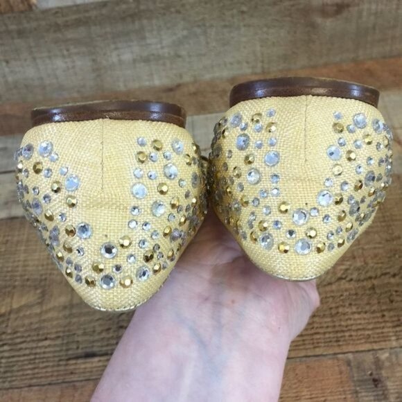 Valentino Garavani Ballet Flats Womens 38 Gold Canvas Crystals Slip On Shoes - Picture 13 of 13